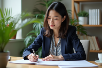 Femme en bureau moderne examine rapports d'investissement écologique