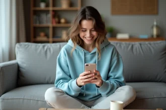 Jeune femme jouant à Monopoly GO sur smartphone dans son salon, souriant aux récompenses obtenues