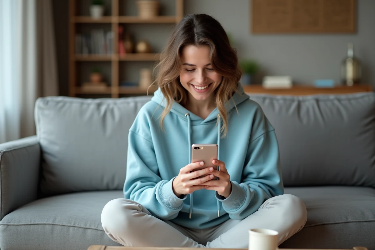 Jeune femme jouant à Monopoly GO sur smartphone dans son salon, souriant aux récompenses obtenues