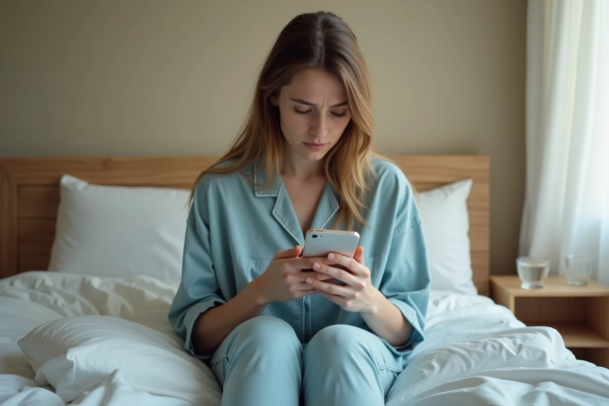 Femme assise sur son lit tenant son téléphone et se demandant si son numéro est bloqué par un ex ou un ami