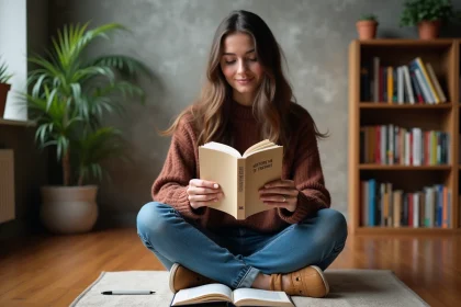 Jeune femme lisant un livre d histoire de la France
