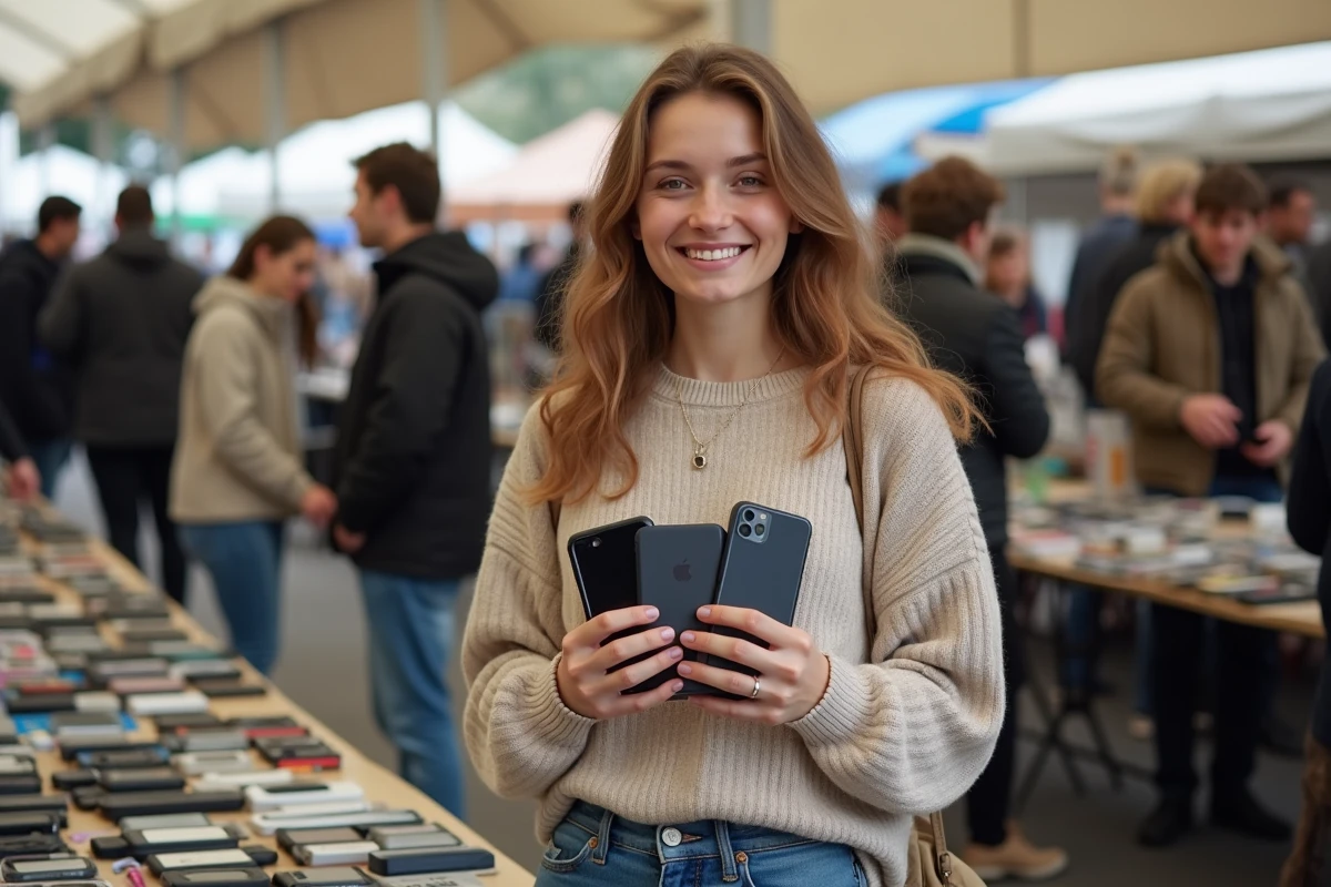 Jeune femme tenant plusieurs téléphones d