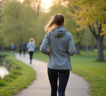 Femme en marche rapide au bord de la rivière au printemps