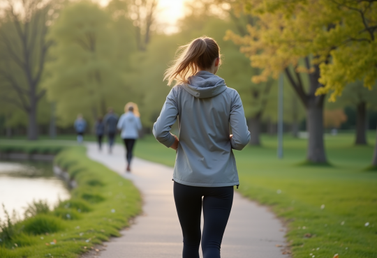 Femme en marche rapide au bord de la rivière au printemps