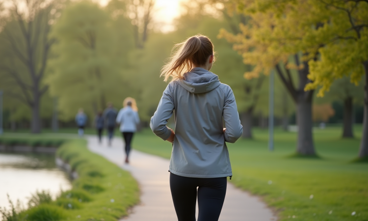 Femme en marche rapide au bord de la rivière au printemps