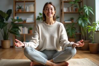 Femme méditant chez elle dans un salon moderne et chaleureux