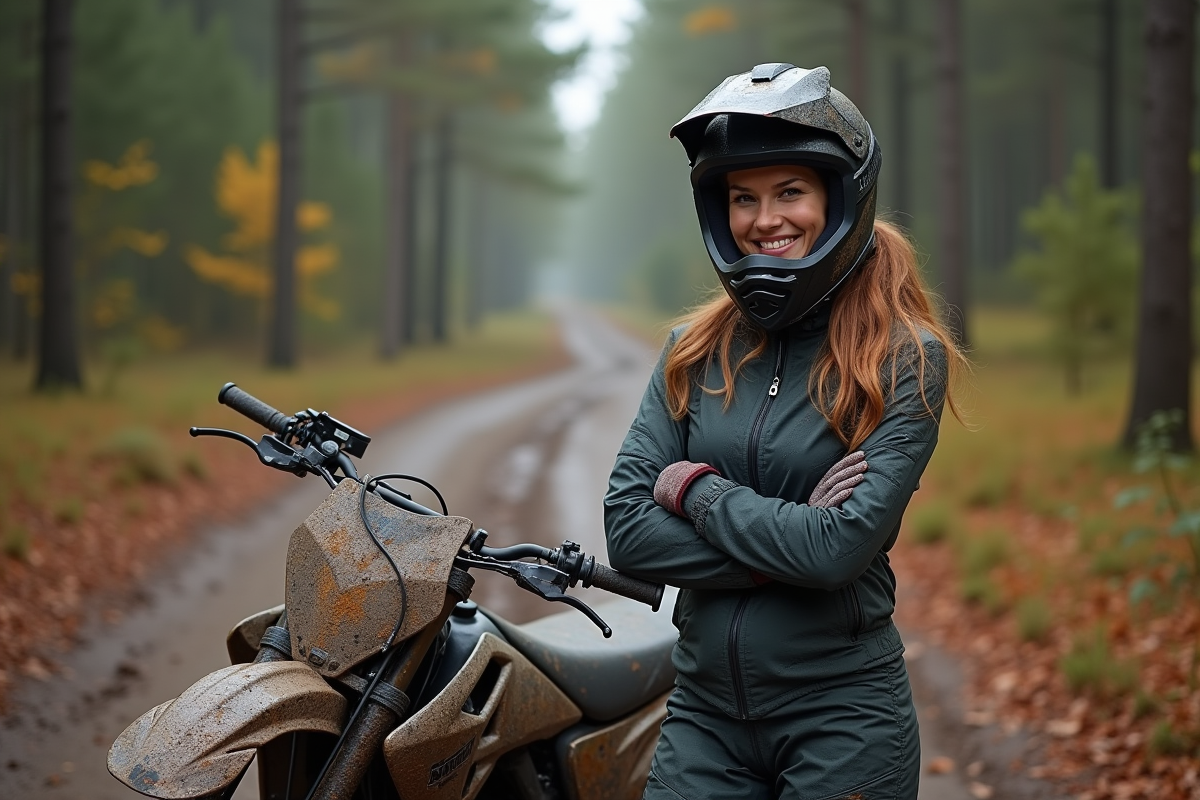 Femme souriante à côté de sa moto dans la nature