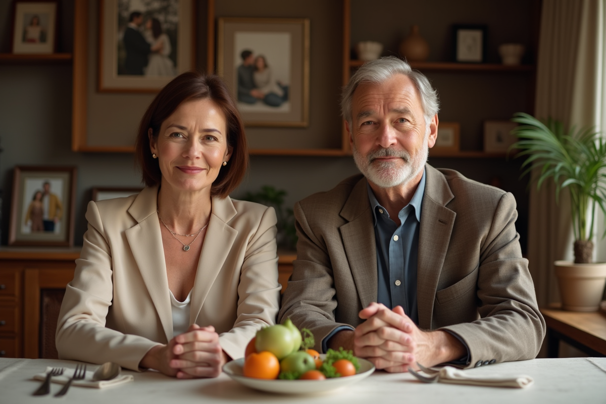 Femme d'âge moyen souriante avec un homme dans une salle à manger chaleureuse