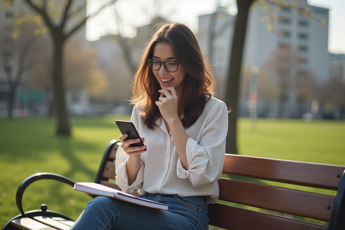 Jeune femme souriante utilisant son smartphone sur un banc de parc