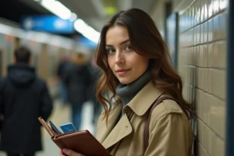 Femme tenant un pass Navigo sur un quai de métro parisien