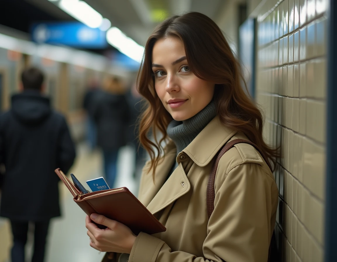 Femme tenant un pass Navigo sur un quai de métro parisien