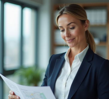 Femme professionnelle en bureau avec documents urbanisme