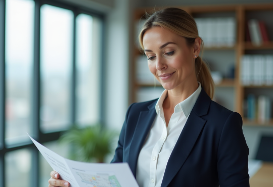 Femme professionnelle en bureau avec documents urbanisme