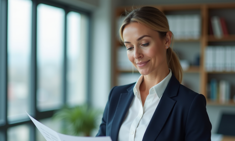 Femme professionnelle en bureau avec documents urbanisme