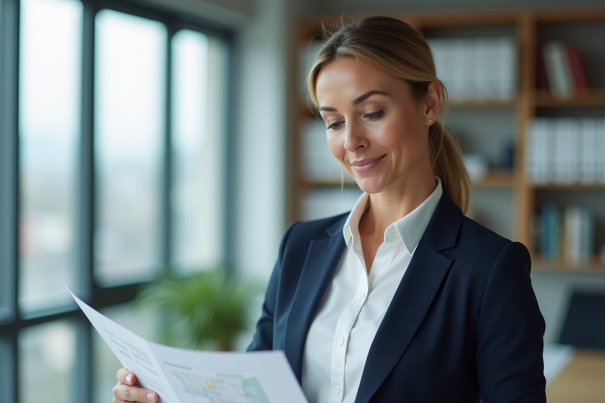 Femme professionnelle en bureau avec documents urbanisme