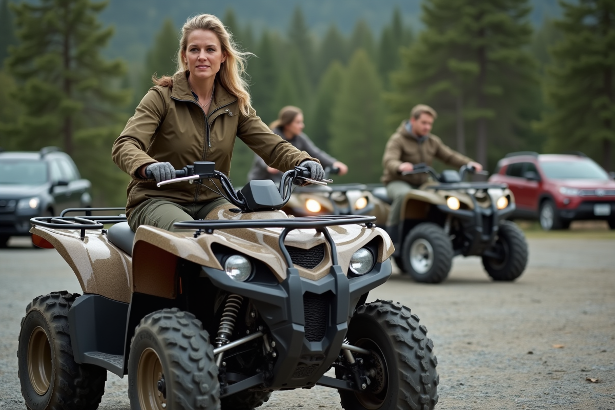 Femme préparant un quad dans un parking extérieur