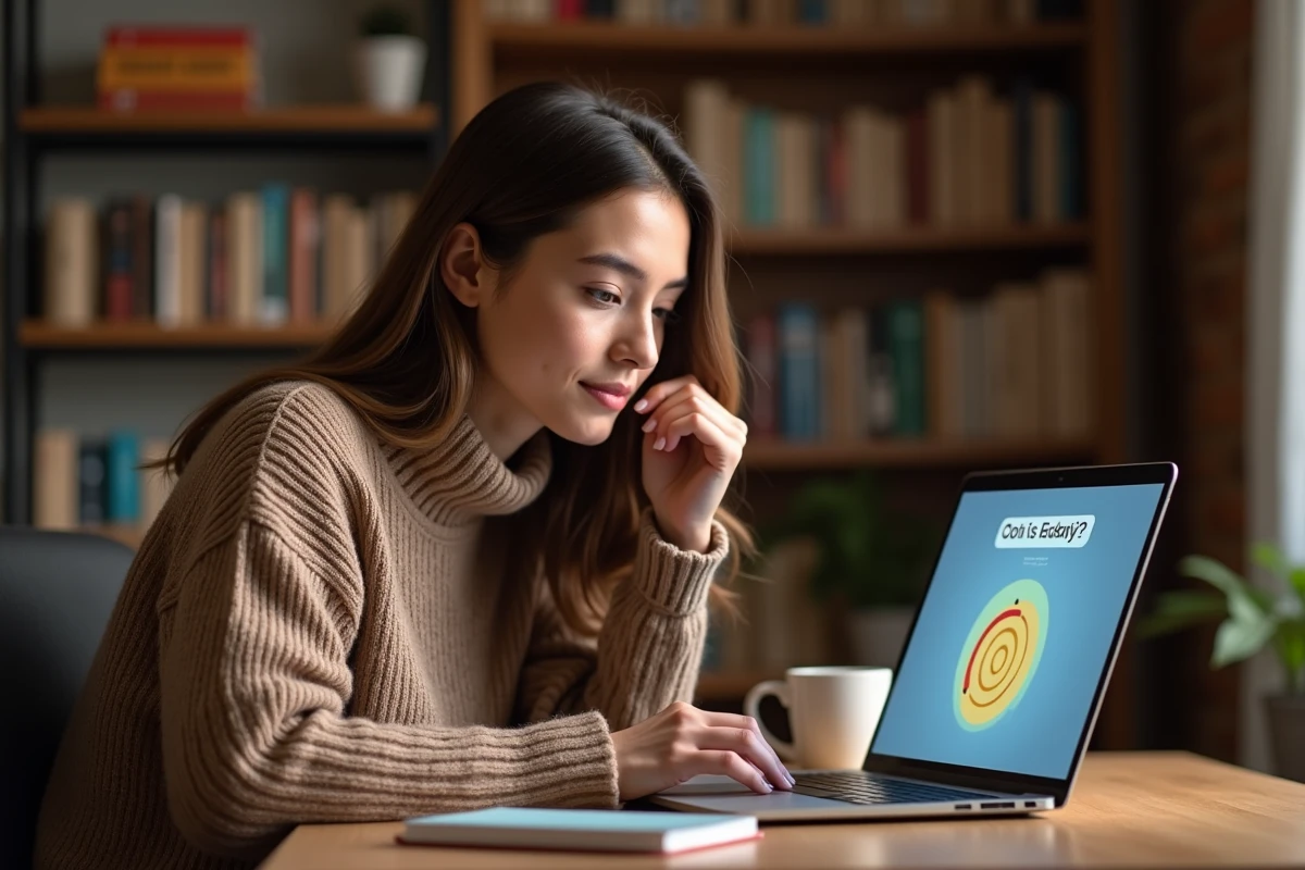 Jeune femme concentrée passant un quiz en ligne sur son ordinateur portable dans un bureau à domicile chaleureux