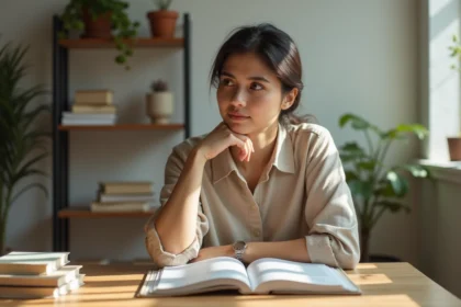 Jeune femme réfléchie assise à un bureau entouré de livres, dans une atmosphère calme et studieuse évoquant la recherche et la discrétion