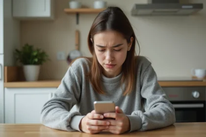 Jeune femme inquiète regardant son téléphone pour savoir si son numéro a été bloqué par un proche