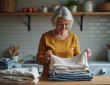 Femme d'âge moyen pliant des vêtements dans une buanderie chaleureuse