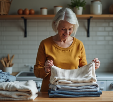 Femme d'âge moyen pliant des vêtements dans une buanderie chaleureuse
