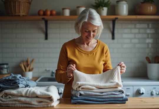 Femme d'âge moyen pliant des vêtements dans une buanderie chaleureuse