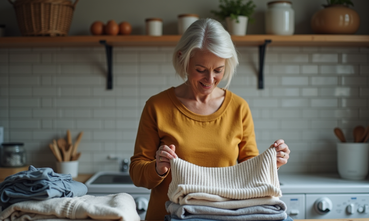 Femme d'âge moyen pliant des vêtements dans une buanderie chaleureuse
