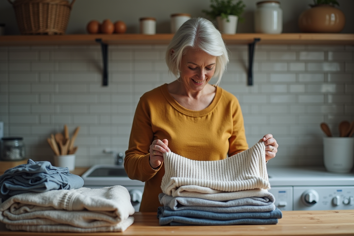 Femme d'âge moyen pliant des vêtements dans une buanderie chaleureuse