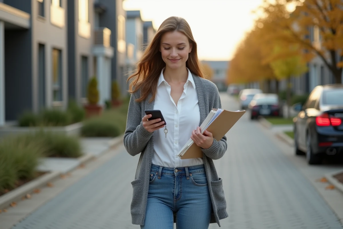 Jeune femme marchant dans la rue en vérifiant son téléphone