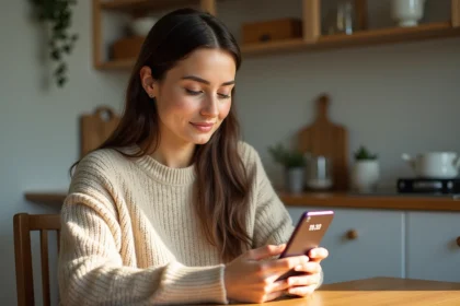 Femme en sweater beige regardant son smartphone à 11 11