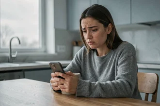 Femme anxieuse regardant son téléphone en silence, illustrant l'attente et le rejet émotionnel d'un narcissique