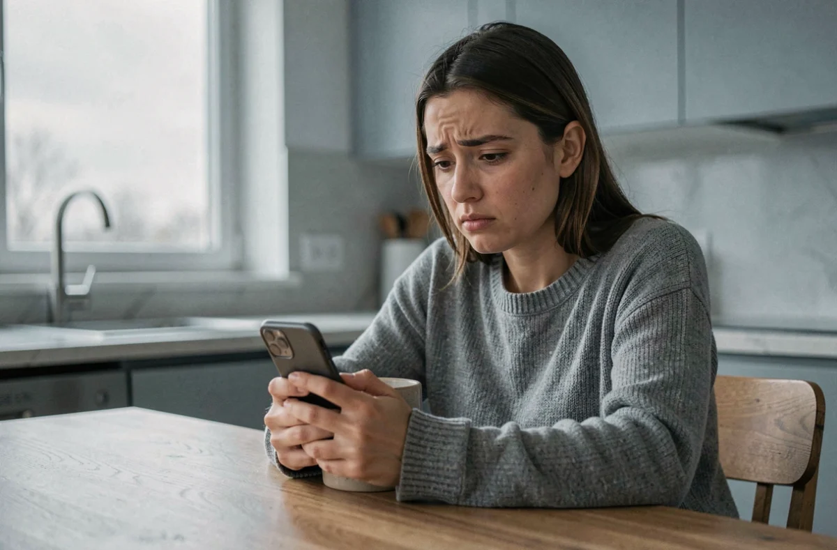 Femme anxieuse regardant son téléphone en silence, illustrant l'attente et le rejet émotionnel d'un narcissique