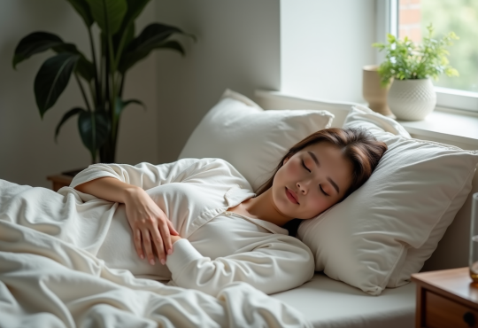 Femme endormie paisiblement dans sa chambre douillette