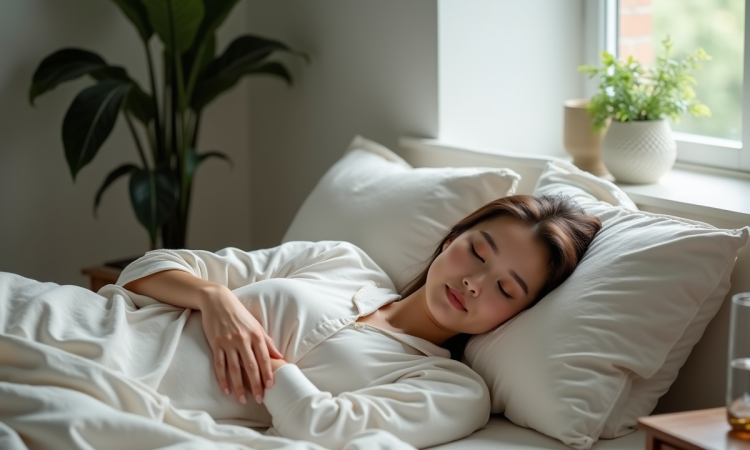 Femme endormie paisiblement dans sa chambre douillette