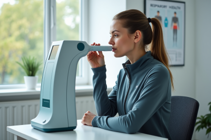 Jeune femme en tenue sportive souffle dans un spirometre