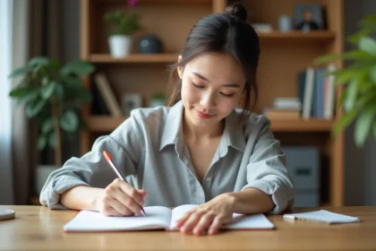 Femme utilisant un stylo 4 couleurs effaçable pour prendre des notes dans un carnet ouvert sur un bureau en bois