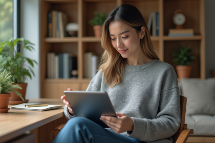 Jeune femme utilisant une tablette dans un bureau cosy