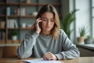 Femme au téléphone attendant d'être rappelée par Pôle emploi depuis son bureau à domicile