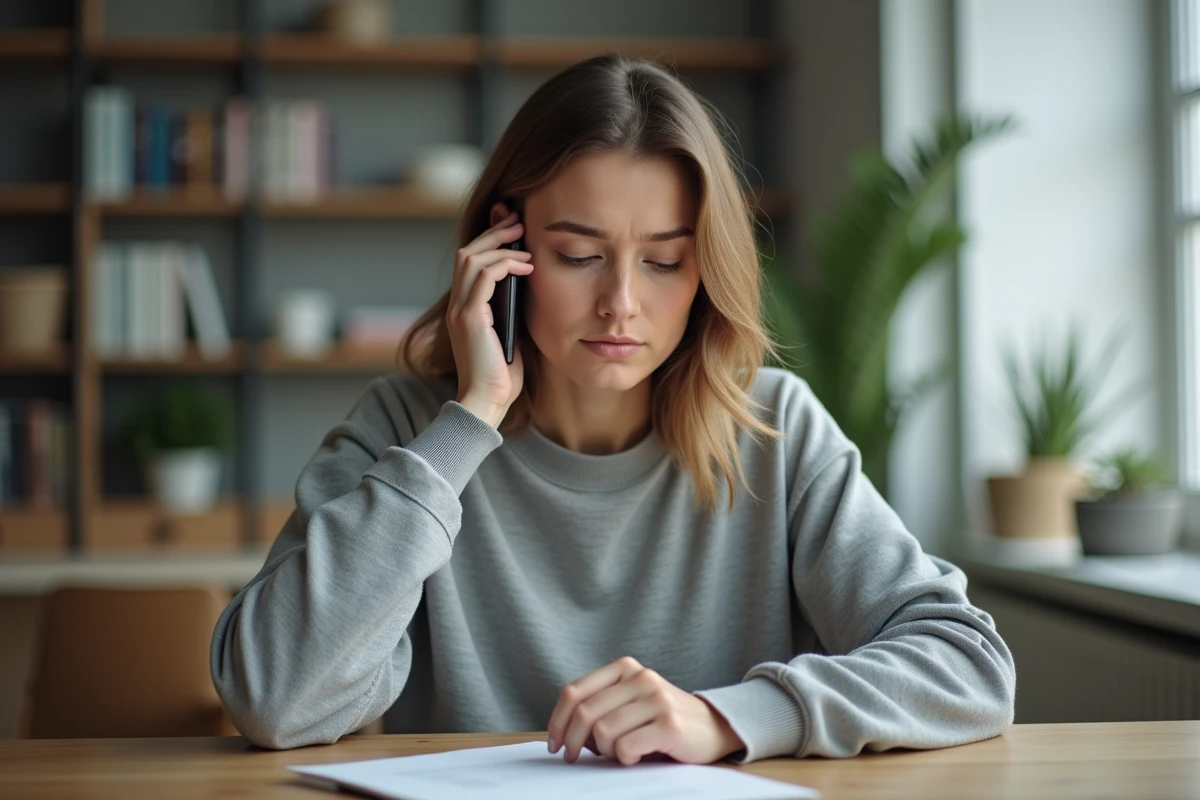 Femme au téléphone attendant d'être rappelée par Pôle emploi depuis son bureau à domicile
