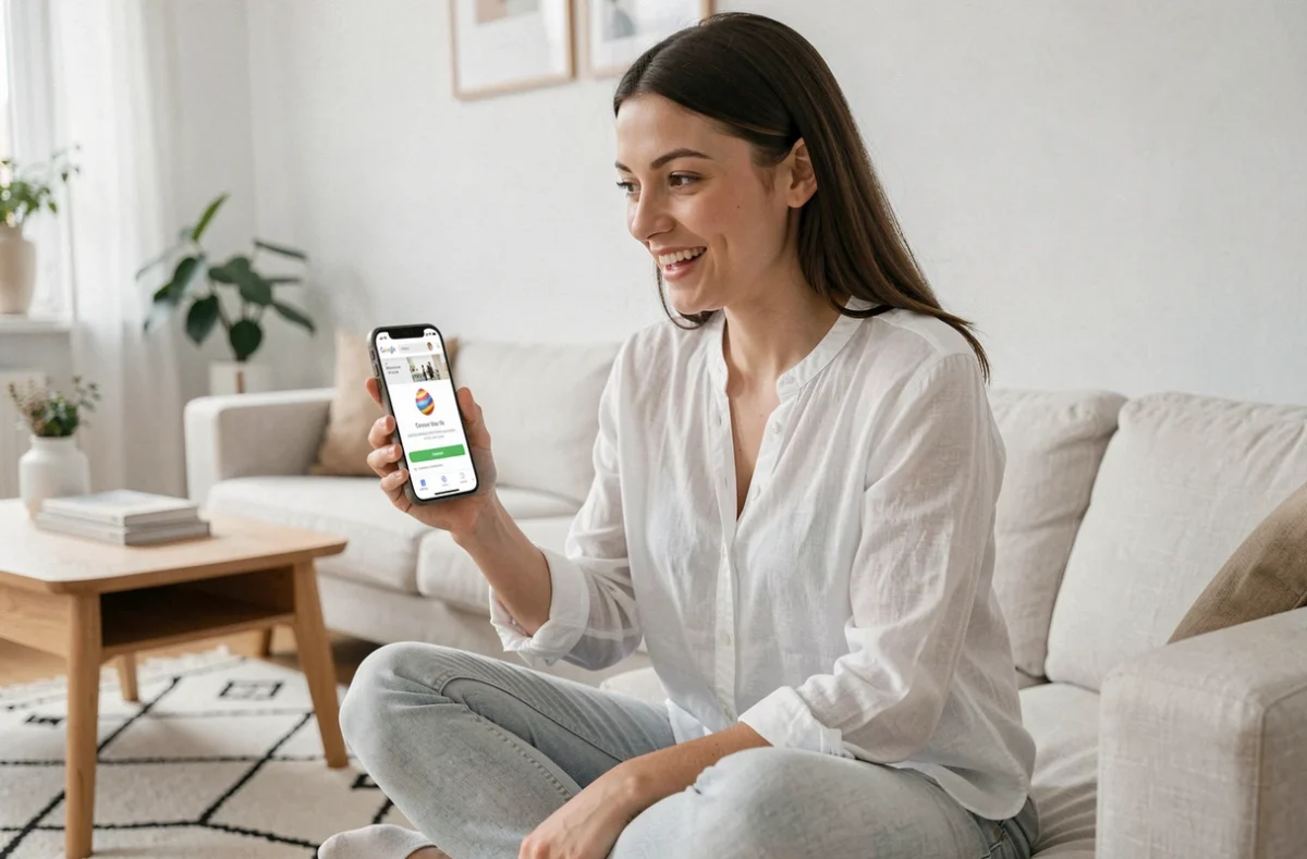 Jeune femme découvrant la toupie Google sur smartphone dans un salon scandinave