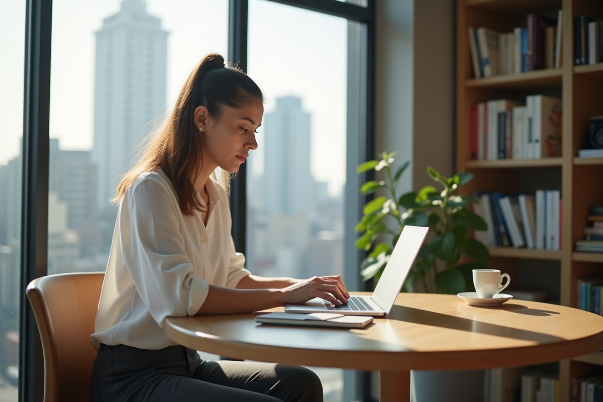 Jeune femme travaillant sur son ordinateur dans un espace coworking lumineux