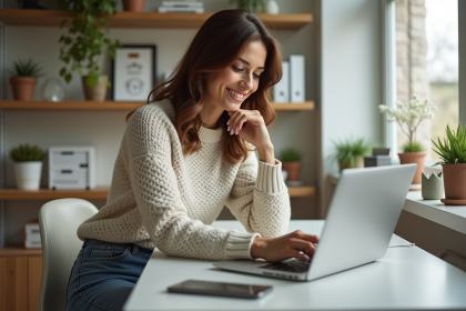 Femme travaillant à son bureau à domicile avec sourire
