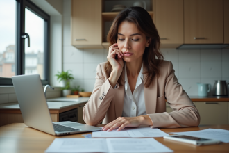 Femme en intérieur dans une cuisine moderne en train de revoir des papiers