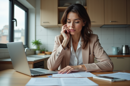 Femme en intérieur dans une cuisine moderne en train de revoir des papiers