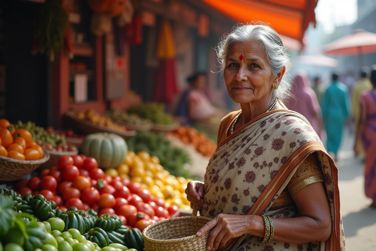 Femme âgée choisissant des légumes au marché