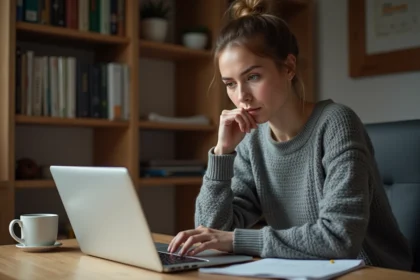 Femme examinant un site e-commerce sur son ordinateur portable depuis son bureau à domicile, expression dubitative