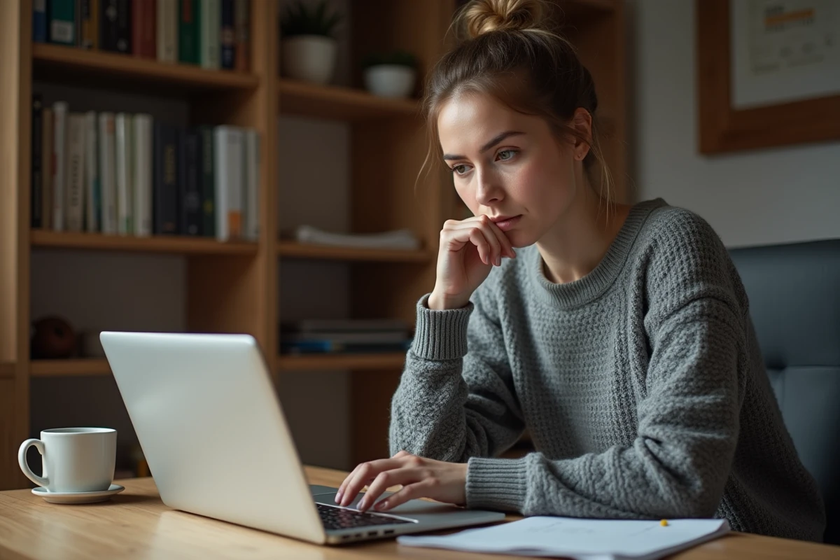Femme examinant un site e-commerce sur son ordinateur portable depuis son bureau à domicile, expression dubitative