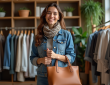 Femme avec sac à main en cuir dans une boutique chaleureuse