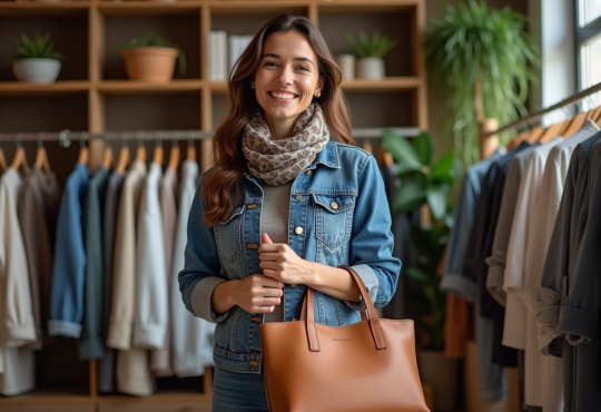 Femme avec sac à main en cuir dans une boutique chaleureuse