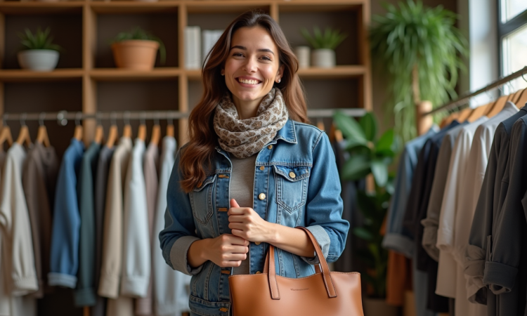 Femme avec sac à main en cuir dans une boutique chaleureuse